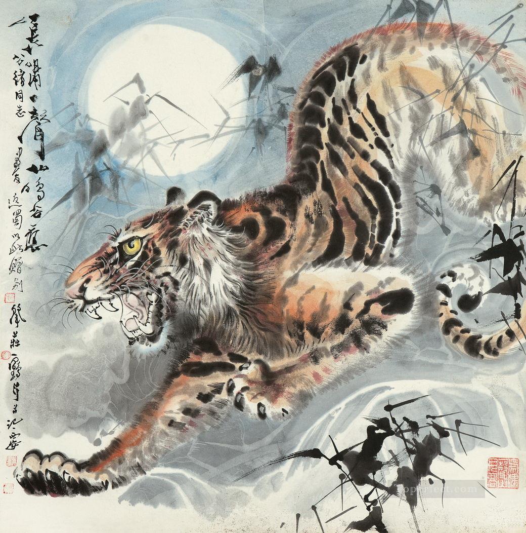 chinesischen Tiger unter Mond Ölgemälde